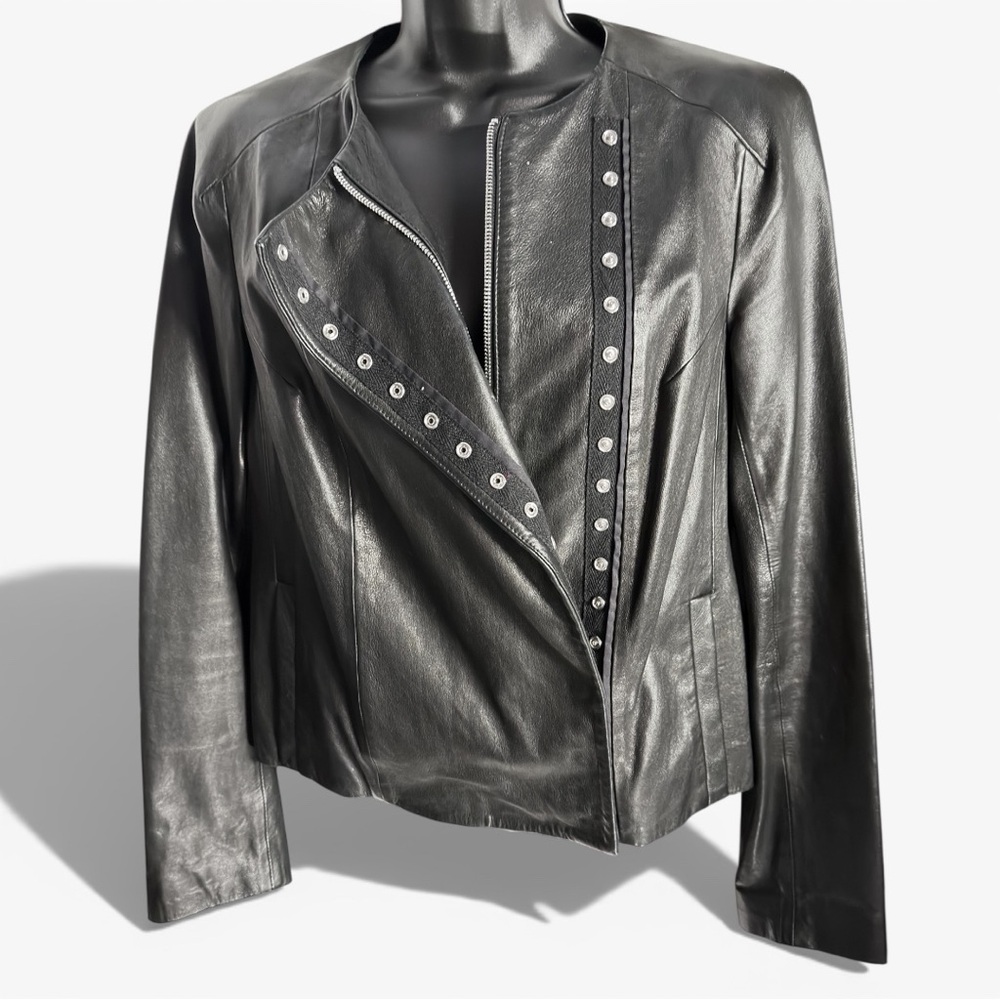 DVF Diane von Furstenberg Emily Black Studded Leather Jacket Size 6 NWOT - Picture 1 of 5